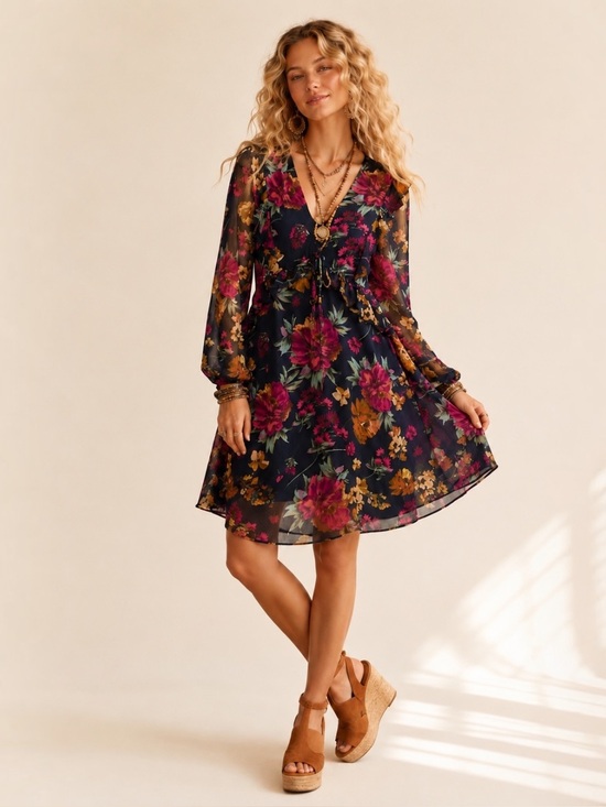 Kensie Dresses & Skirts - NWT Kensie Floral Chiffon Dress Size 6 Navy Pink Long Sleeve Lined Boho Romantic